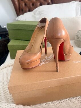 Christian Louboutin Camel Leather Platform Pumps with Red Soles